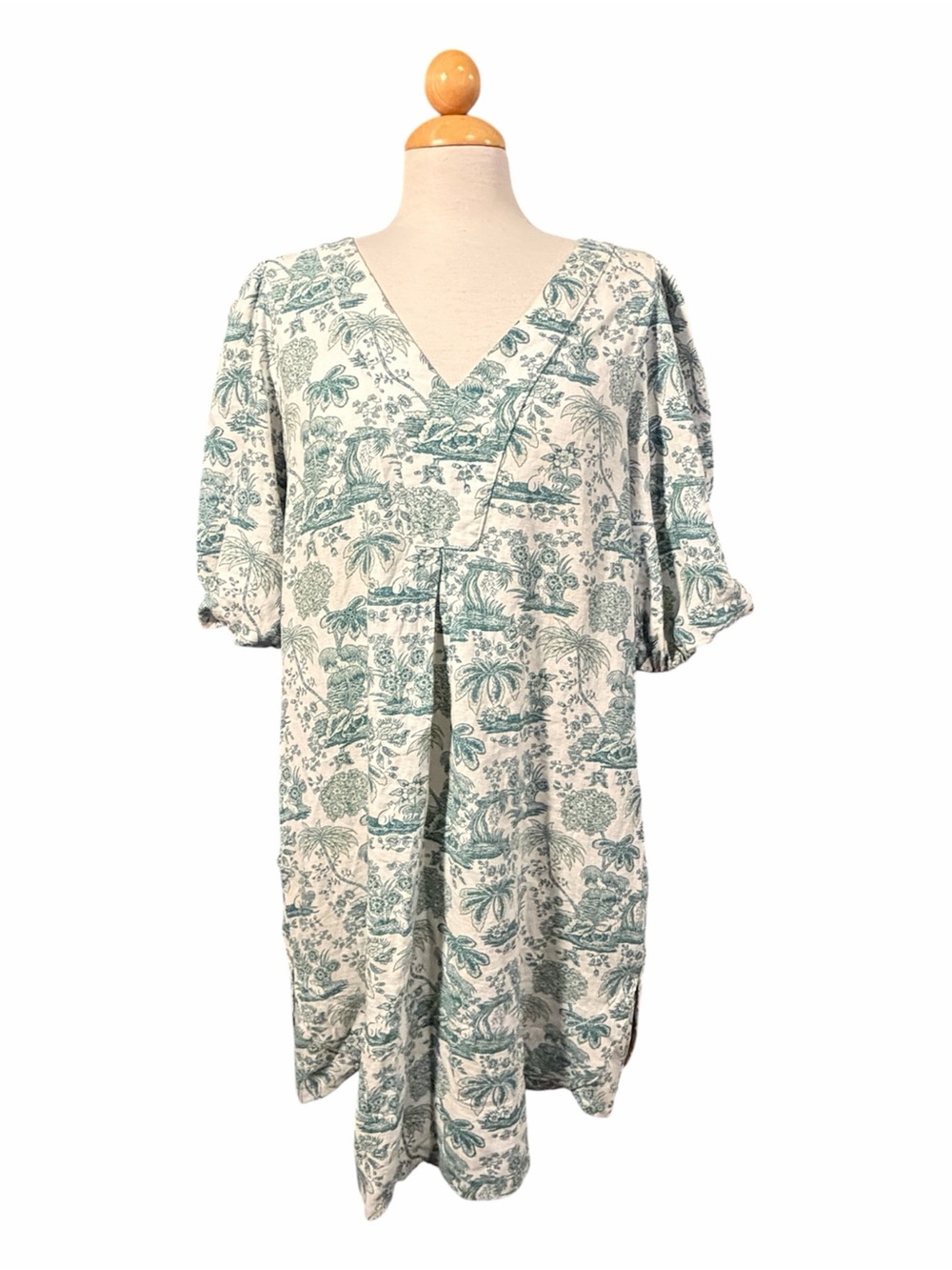 Cynthia Rowley Green White Toile Palm Print Linen Blend Shift Dress V-Neck